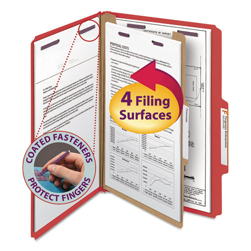 Four-Section Pressboard Top Tab Classification Folders, Four SafeSHIELD Fasteners, 1 Divider, Legal Size, Bright Red, 10/Box-(SMD18731)