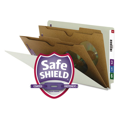 X-Heavy End Tab Pressboard Classification Folders, Six SafeSHIELD Fasteners, 2 Dividers, Legal Size, Gray-Green, 10/Box-(SMD29710)