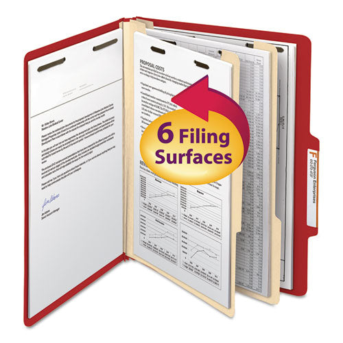 Top Tab Classification Folders, Six SafeSHIELD Fasteners, 2" Expansion, 2 Dividers, Letter Size, Red Exterior, 10/Box-(SMD14003)