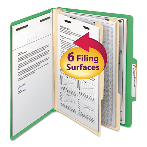 Top Tab Classification Folders, Six SafeSHIELD Fasteners, 2" Expansion, 2 Dividers, Letter Size, Green Exterior, 10/Box-(SMD14002)