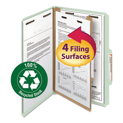 Recycled Pressboard Classification Folders, 2" Expansion, 1 Divider, 4 Fasteners, Legal Size, Gray-Green, 10/Box-(SMD18722)