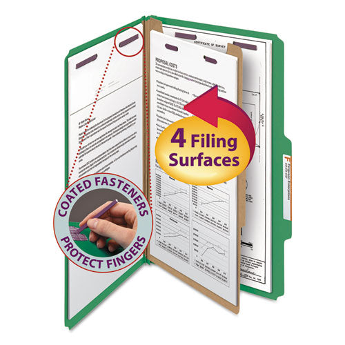 Four-Section Pressboard Top Tab Classification Folders, Four SafeSHIELD Fasteners, 1 Divider, Legal Size, Green, 10/Box-(SMD18733)