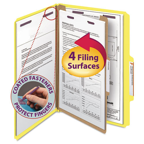 Four-Section Pressboard Top Tab Classification Folders, Four SafeSHIELD Fasteners, 1 Divider, Legal Size, Yellow, 10/Box-(SMD18734)