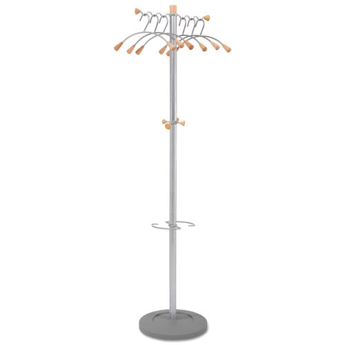 Wavy Coat Tree, Six Hangers/Two Knobs/Four Hooks, 18.88w x 14d x 68.5h, Silver/Wood-(ABAPMWAVE)