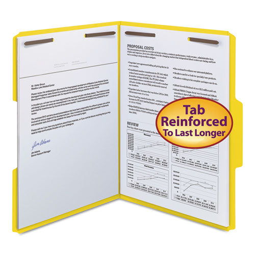 WaterShed CutLess Reinforced Top Tab Fastener Folders, 0.75" Expansion, 2 Fasteners, Letter Size, Yellow Exterior, 50/Box-(SMD12942)