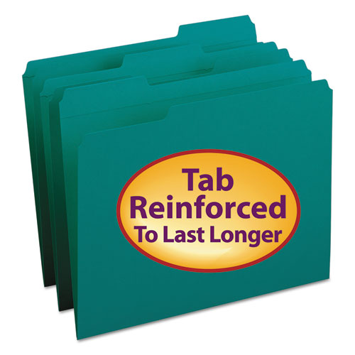 Reinforced Top Tab Colored File Folders, 1/3-Cut Tabs: Assorted, Letter Size, 0.75" Expansion, Teal, 100/Box-(SMD13134)