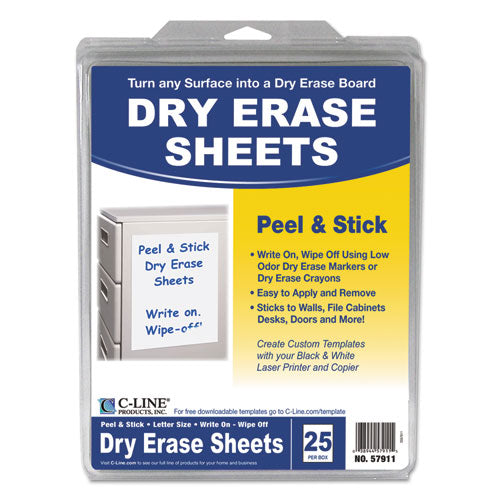 Self-Stick Dry Erase Sheets, 8.5 x 11, White Surface, 25/Box-(CLI57911)