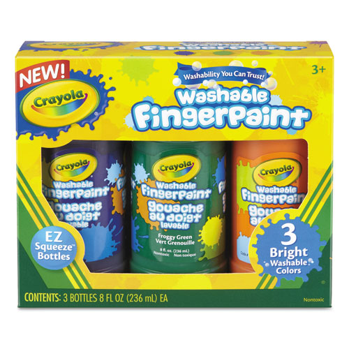 Washable Fingerpaint Pack, 3 Assorted Bright Colors, 8 oz Tube, 3/Pack-(CYO551311)