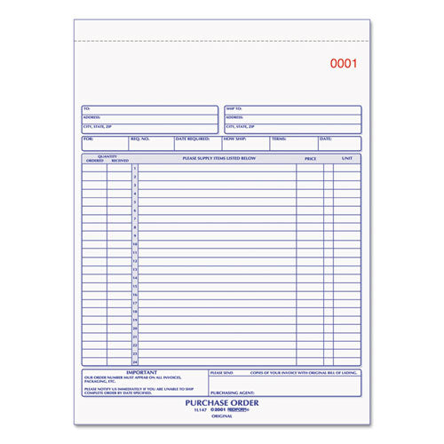 Purchase Order Book, 17 Lines, Three-Part Carbonless, 8.5 x 11, 50 Forms Total-(RED1L147)