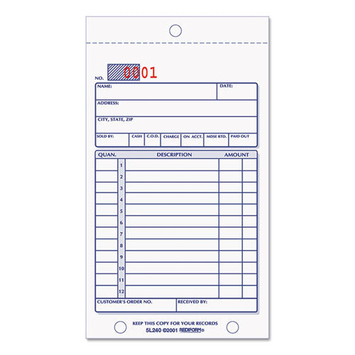 Sales Book, 12 Lines, Two-Part Carbonless, 3.63 x 6.38, 50 Forms Total-(RED5L240)