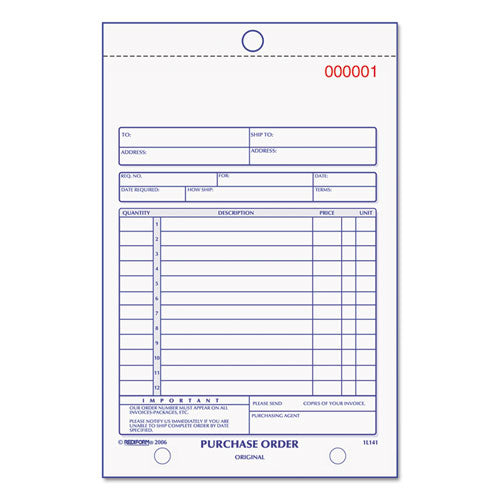 Purchase Order Book, 12 Lines, Three-Part Carbonless, 5.5 x 7.88, 50 Forms Total-(RED1L141)