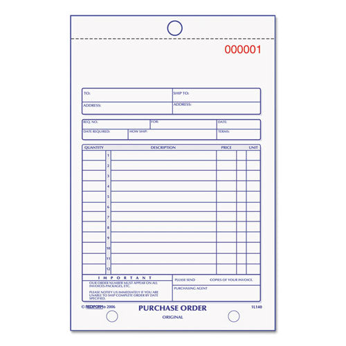 Purchase Order Book, 12 Lines, Two-Part Carbonless, 5.5 x 7.88, 50 Forms Total-(RED1L140)