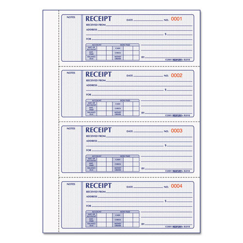 Money Receipt Book, Hardcover, Three-Part Carbonless, 7 x 2.75, 4 Forms/Sheet, 200 Forms Total-(RED8L818)