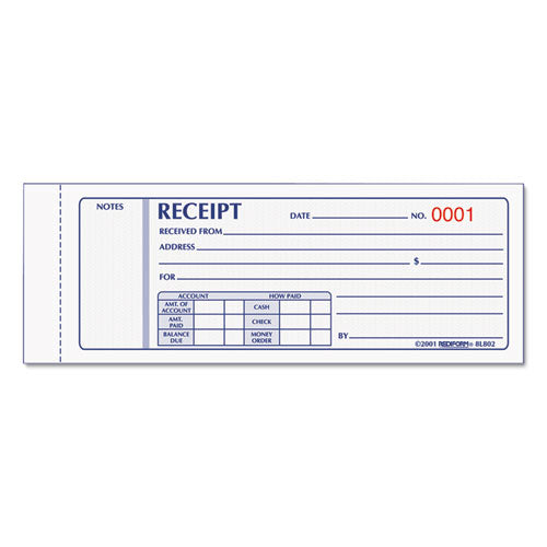 Receipt Book, Three-Part Carbonless, 7 x 2.75, 4 Forms/Sheet, 50 Forms Total-(RED8L802)