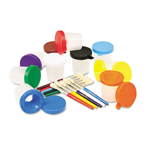 No-Spill Cups and Coordinating Brushes, Assorted Color Lids/Clear Cups, 10/Set-(CKC5104)