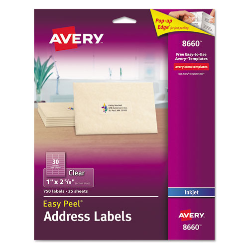 Matte Clear Easy Peel Mailing Labels w/ Sure Feed Technology, Inkjet Printers, 1 x 2.63, Clear, 30/Sheet, 25 Sheets/Pack-(AVE8660)