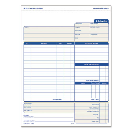 Job Invoice, Snap-Off Triplicate Form, Three-Part Carbonless, 8.5 x 11.63, 50 Forms Total-(TOP3866)