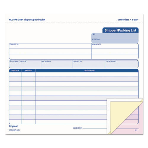 Triplicate Snap-Off Shipper/Packing List, Three-Part Carbonless, 8.5 x 7, 50 Forms Total-(TOP3834)