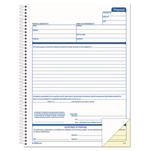 Spiralbound Proposal Form Book, Two-Part Carbonless, 11 x 8.5, 50 Forms Total-(TOP41850)