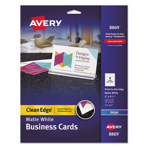 Print-to-the-Edge True Print Business Cards, Inkjet, 2 x 3.5, White, 160 Cards, 8 Cards Sheet, 20 Sheets/Pack-(AVE8869)