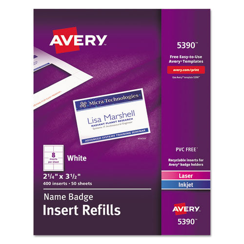 Name Badge Insert Refills, Horizontal/Vertical, 2 1/4 x 3 1/2, White, 400/Box-(AVE5390)