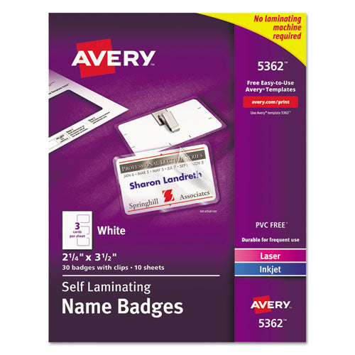 Self-Laminating Laser/Inkjet Printer Badges, 2.25 x 3.5, White, 30/Box-(AVE5362)