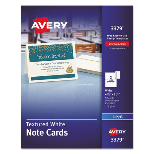 Note Cards with Matching Envelopes, Inkjet, 65lb, 4.25 x 5.5, Textured Uncoated White, 50 Cards, 2 Cards/Sheet, 25 Sheets/Box-(AVE3379)