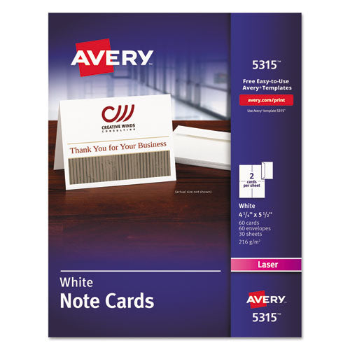 Note Cards with Matching Envelopes, Laser, 80 lb, 4.25 x 5.5, Uncoated White, 60 Cards, 2 Cards/Sheet, 30 Sheets/Pack-(AVE5315)