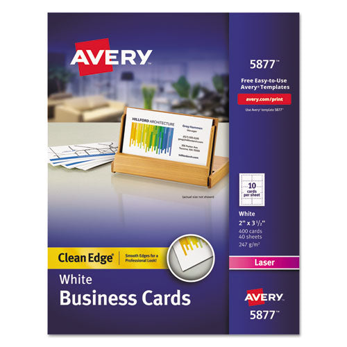 Clean Edge Business Cards, Laser, 2 x 3.5, White, 400 Cards, 10 Cards/Sheet, 40 Sheets/Box-(AVE5877)