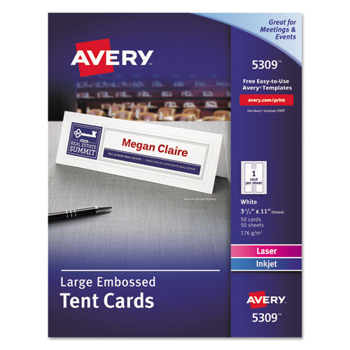 Large Embossed Tent Card, White, 3.5 x 11, 1 Card/Sheet, 50 Sheets/Box-(AVE5309)