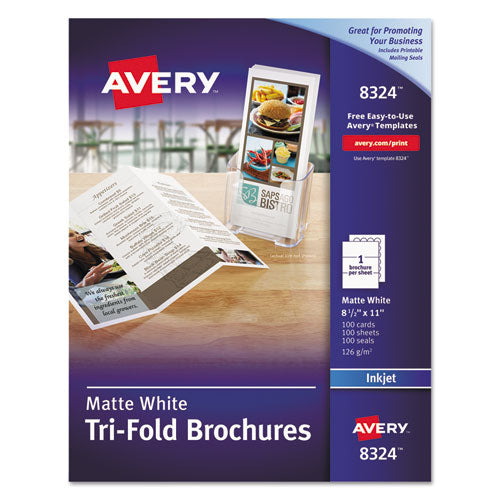 Tri-Fold Brochures, 92 Bright, 85 lb Text Weight, 8.5 x 11, Matte White, 100/Pack-(AVE8324)