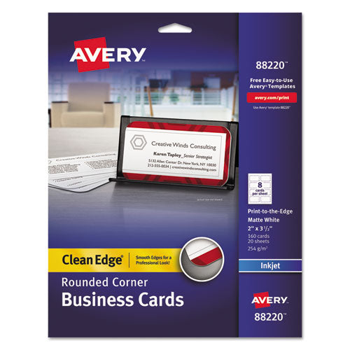 Round Corner Print-to-the-Edge Business Cards, Inkjet, 2 x 3.5, White, 160 Cards, 8 Cards/Sheet, 20 Sheets/Pack-(AVE88220)