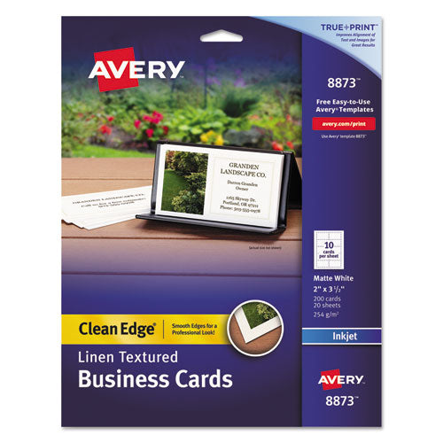 Linen Texture True Print Business Cards, Inkjet, 2 x 3.5, White, 200 Cards, 10 Cards/Sheet, 20 Sheets/Pack-(AVE8873)