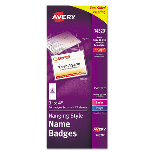 Necklace-Style Badge Holder w/Laser/Inkjet Insert, Top Load, 4 x 3, WE, 50/Box-(AVE74520)