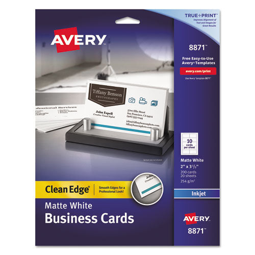 True Print Clean Edge Business Cards, Inkjet, 2 x 3.5, White, 200 Cards, 10 Cards/Sheet, 20 Sheets/Pack-(AVE8871)