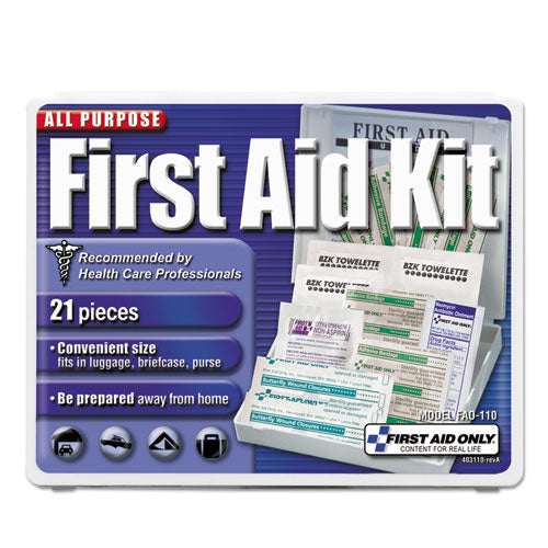 All-Purpose First Aid Kit, 21 Pieces, 4.75 x 3, Plastic Case-(FAO110)