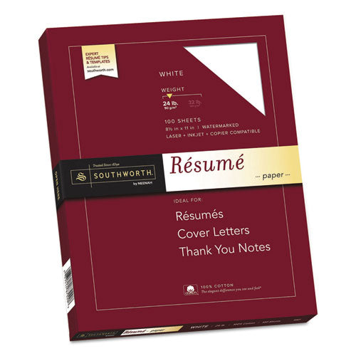 100% Cotton Resume Paper, 95 Bright, 24 lb Bond Weight, 8.5 x 11, White, 100/Pack-(SOUR14CF)