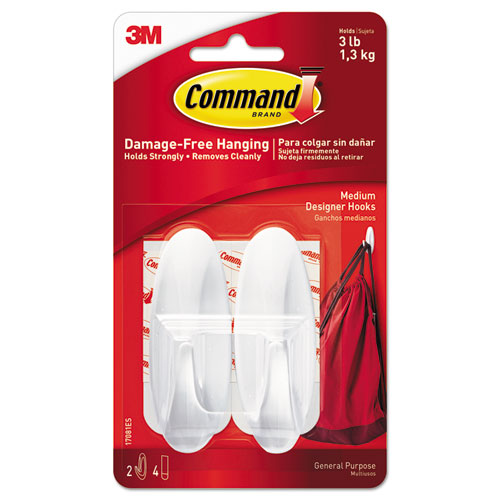 General Purpose Designer Hooks, Medium, Plastic, White, 3 lb Capacity, 2 Hooks and 4 Strips/Pack-(MMM17081ES)