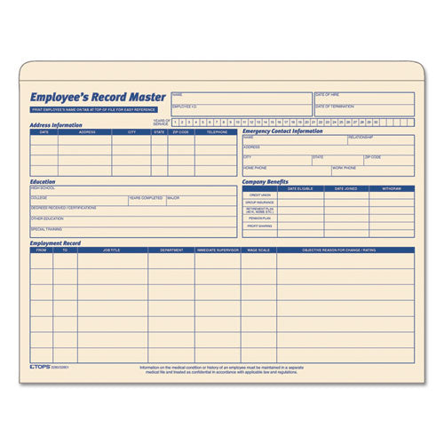 Employee Record Master File Jacket, Straight Tab, Letter Size, Manila, 20/Pack-(TOP3280)