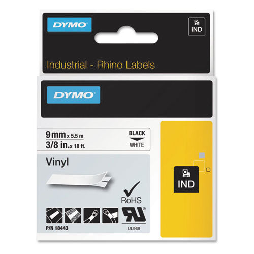 Rhino Permanent Vinyl Industrial Label Tape, 0.37" x 18 ft, White/Black Print-(DYM18443)