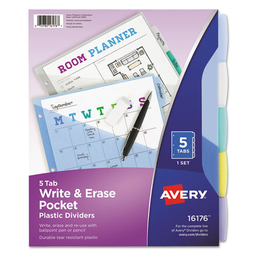 Write and Erase Durable Plastic Dividers with Slash Pocket, 3-Hold Punched, 5-Tab, 11.13 x 9.25, Assorted, 1 Set-(AVE16176)