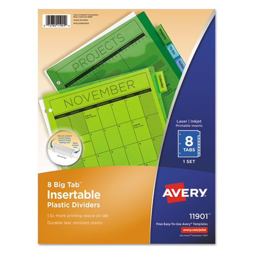 Insertable Big Tab Plastic Dividers, 8-Tab, 11 x 8.5, Assorted, 1 Set-(AVE11901)