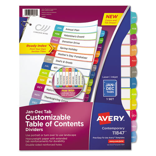 Customizable TOC Ready Index Multicolor Tab Dividers, 12-Tab, Jan. to Dec., 11 x 8.5, White, Contemporary Color Tabs, 1 Set-(AVE11847)