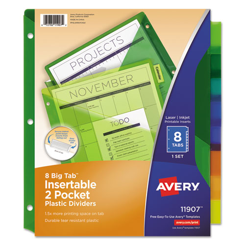 Insertable Big Tab Plastic 2-Pocket Dividers, 8-Tab, 11.13 x 9.25, Assorted, 1 Set-(AVE11907)