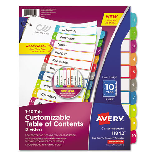 Customizable TOC Ready Index Multicolor Tab Dividers, 10-Tab, 1 to 10, 11 x 8.5, White, Contemporary Color Tabs, 1 Set-(AVE11842)