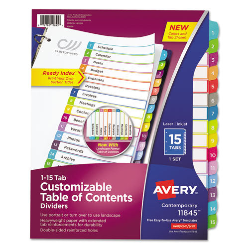 Customizable TOC Ready Index Multicolor Tab Dividers, 15-Tab, 1 to 15, 11 x 8.5, White, Contemporary Color Tabs, 1 Set-(AVE11845)