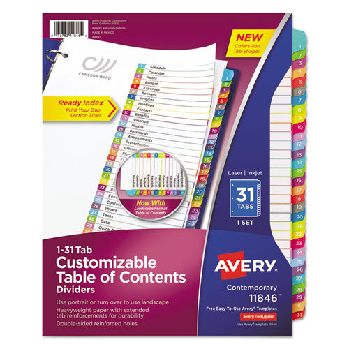 Customizable TOC Ready Index Multicolor Tab Dividers, 31-Tab, 1 to 31, 11 x 8.5, White, Contemporary Color Tabs, 1 Set-(AVE11846)