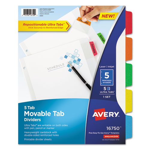 Movable Tab Dividers with Color Tabs, 5-Tab, 11 x 8.5, White, 1 Set-(AVE16750)