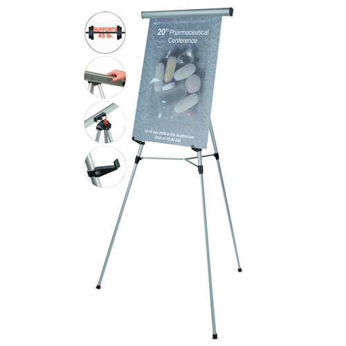 Telescoping Tripod Display Easel, Adjusts 35" to 64" High, Metal, Silver-(BVCFLX09102MV)