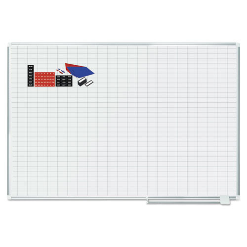 Gridded Magnetic Steel Dry Erase Planning Board with Accesssories, 1 x 2 Grid, 72 x 48, White Surface, Silver Aluminum Frame-(BVCMA2792830A)